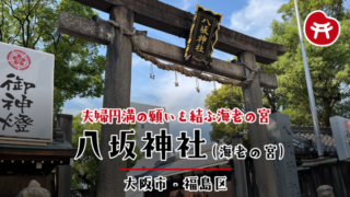 八坂神社の石の鳥居と「八坂神社」の扁額、左手に木瓜紋の入った「御神燈」の看板、右手に社号標